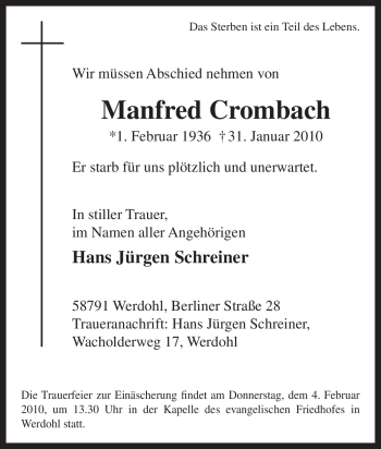 Traueranzeige von Manfred Crombach von WESTFÄLISCHER ANZEIGER