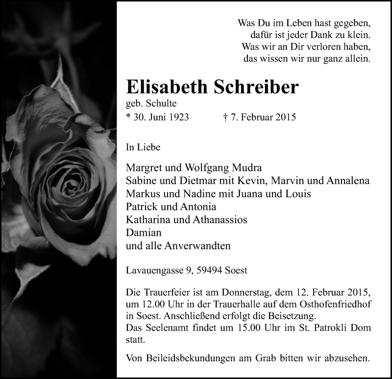 Traueranzeige für Elisabeth Schreiber vom 10.02.2015 aus MZV