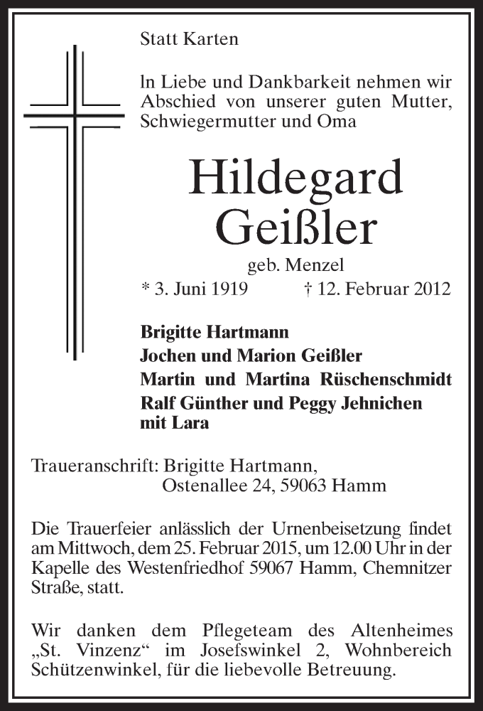  Traueranzeige für Hildegard Geißler vom 21.02.2015 aus MZV