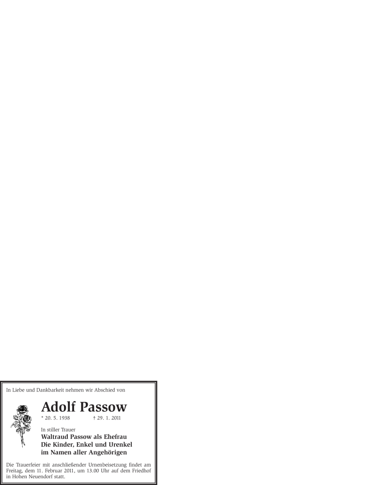  Traueranzeige für Adolf Passow vom 05.02.2011 aus WESTFÄLISCHER ANZEIGER