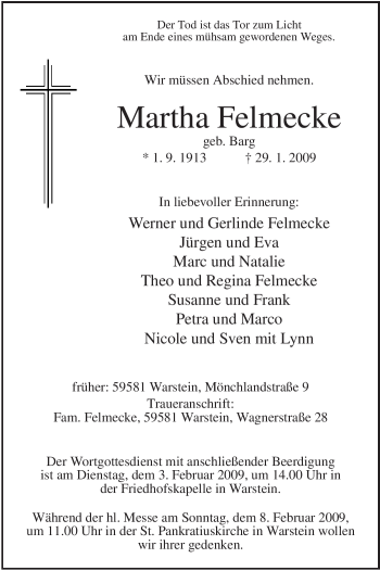 Traueranzeige von Martha Felmecke von WESTFÄLISCHER ANZEIGER