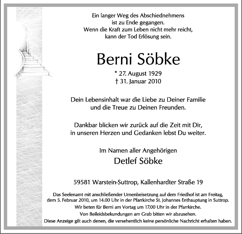 Traueranzeige für Berni Söbke vom 02.02.2010 aus WESTFÄLISCHER ANZEIGER