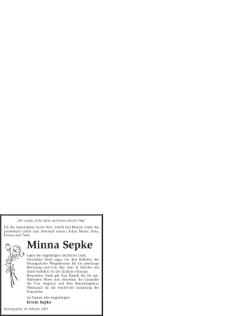 Traueranzeige von Minna Sepke von WESTFÄLISCHER ANZEIGER