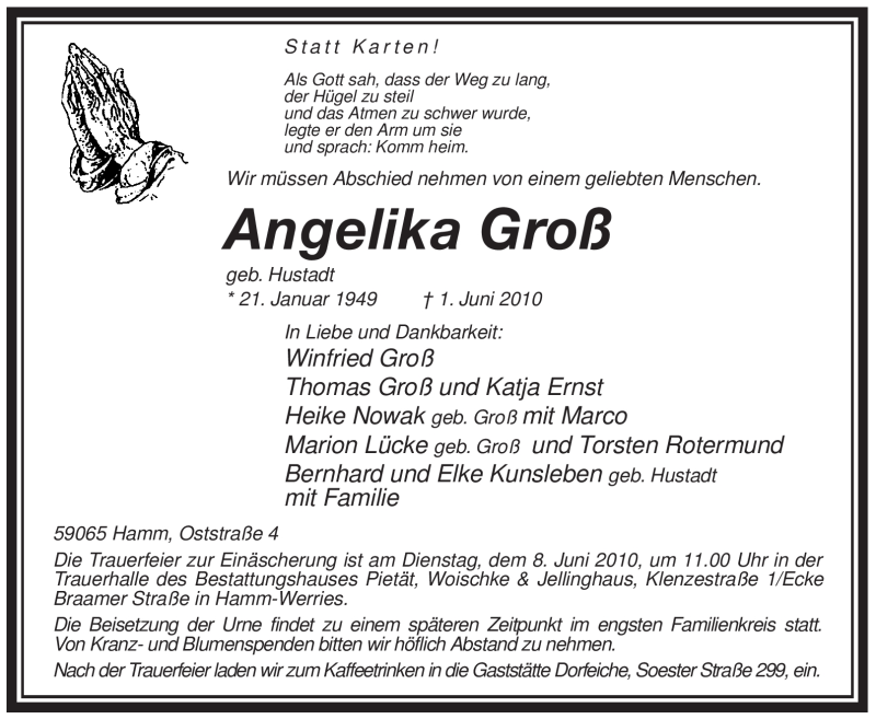  Traueranzeige für Angelika Groß vom 05.06.2010 aus WESTFÄLISCHER ANZEIGER