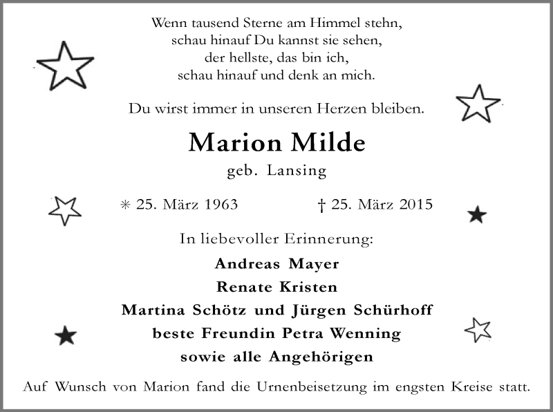  Traueranzeige für Marion Milde vom 04.04.2015 aus MZV