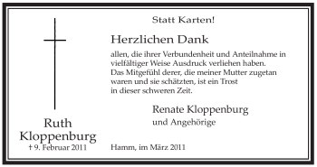 Traueranzeige von Ruth Kloppenburg von WESTFÄLISCHER ANZEIGER