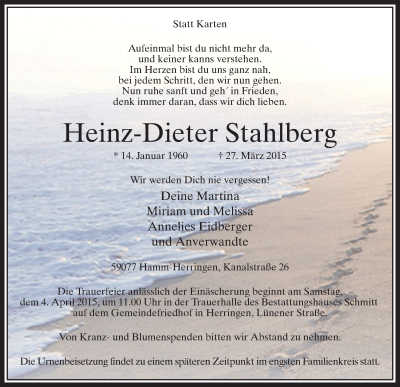  Traueranzeige für Heinz-Dieter Stahlberg vom 31.03.2015 aus MZV