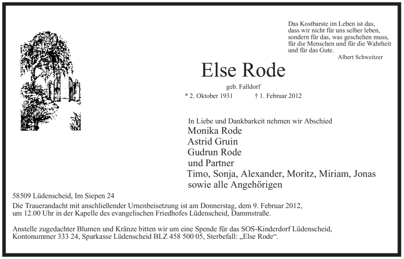  Traueranzeige für Else Rode vom 06.02.2012 aus WESTFÄLISCHER ANZEIGER