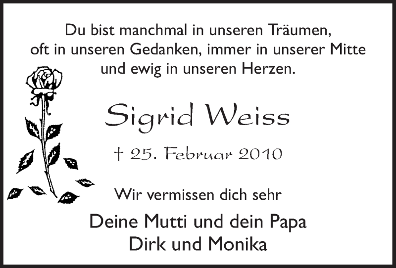  Traueranzeige für Sigrid Weiss vom 25.02.2015 aus MZV