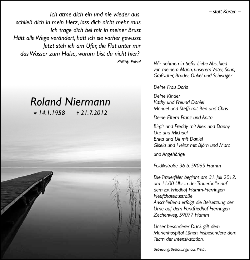  Traueranzeige für Roland Niermann vom 26.07.2012 aus WESTFÄLISCHER ANZEIGER