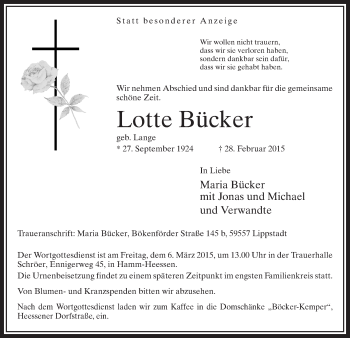 Traueranzeige von Lotte Bücker von MZV