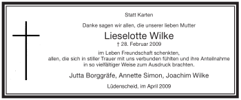 Traueranzeige von Lieselotte Wilke von WESTFÄLISCHER ANZEIGER