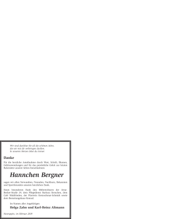 Traueranzeige von Hannchen Bergner von WESTFÄLISCHER ANZEIGER