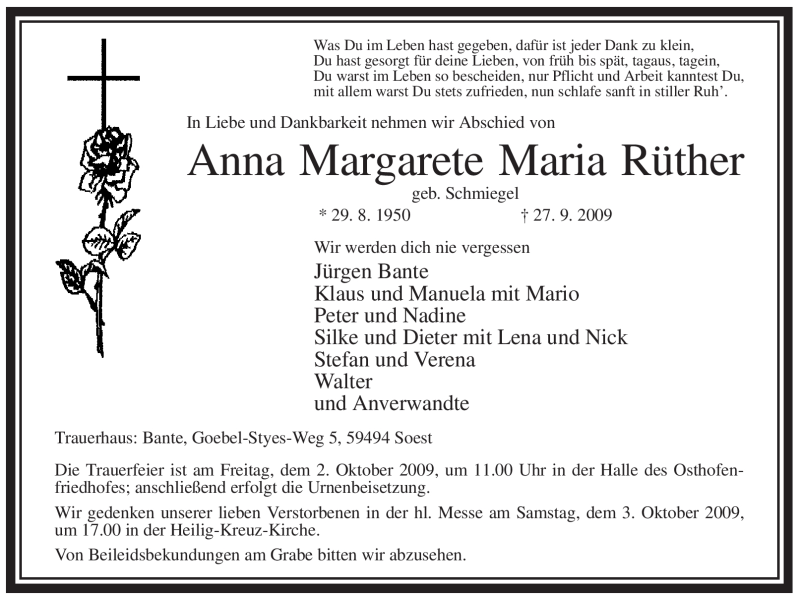  Traueranzeige für Anna Margarete Maria Rüther vom 29.09.2009 aus WESTFÄLISCHER ANZEIGER