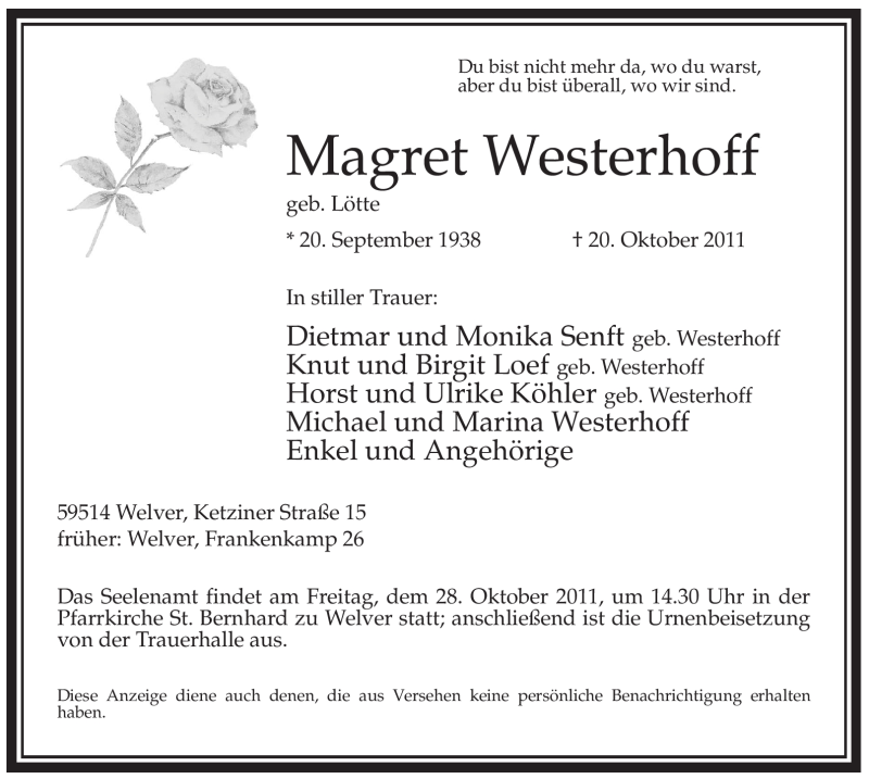  Traueranzeige für Magret Westerhoff vom 26.10.2011 aus WESTFÄLISCHER ANZEIGER