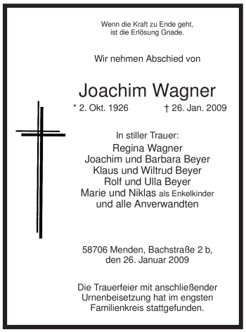Traueranzeige von Joachim Wagner von WESTFÄLISCHER ANZEIGER