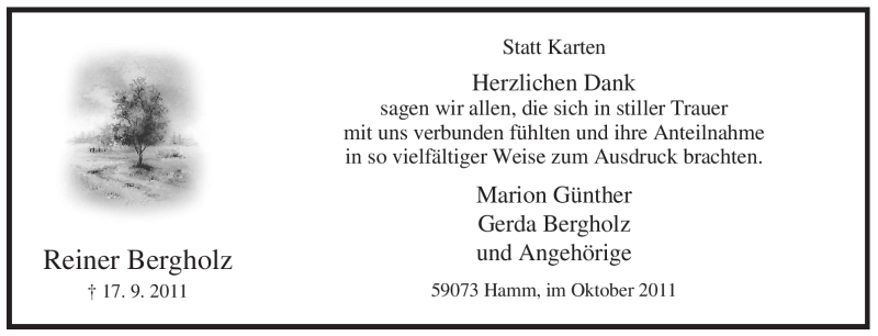  Traueranzeige für Reiner Bergholz vom 29.10.2011 aus WESTFÄLISCHER ANZEIGER