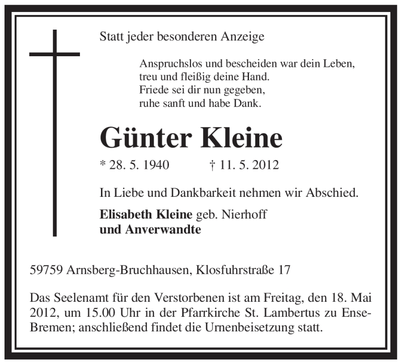  Traueranzeige für Günter Kleine vom 15.05.2012 aus WESTFÄLISCHER ANZEIGER