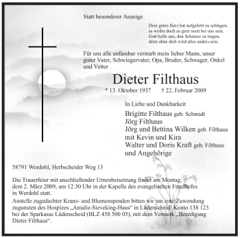 Traueranzeige von Dieter Filthaus von WESTFÄLISCHER ANZEIGER