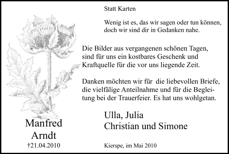  Traueranzeige für Manfred Arndt vom 29.05.2010 aus WESTFÄLISCHER ANZEIGER
