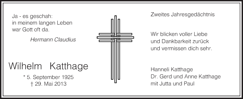  Traueranzeige für Wilhelm Katthage vom 29.05.2015 aus MZV