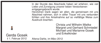 Traueranzeige von Gerda Gosek von WESTFÄLISCHER ANZEIGER