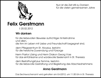 Traueranzeige von Felix Gerstmann von WESTFÄLISCHER ANZEIGER