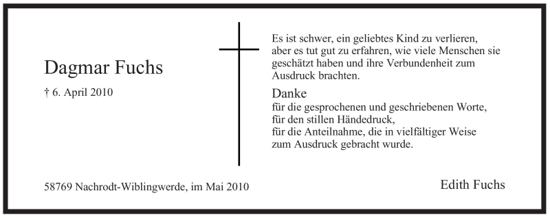  Traueranzeige für Dagmar Fuchs vom 22.05.2010 aus WESTFÄLISCHER ANZEIGER