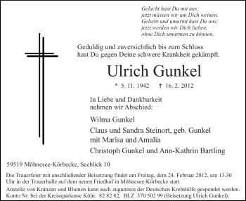 Traueranzeige von Ulrich Gunkel von WESTFÄLISCHER ANZEIGER