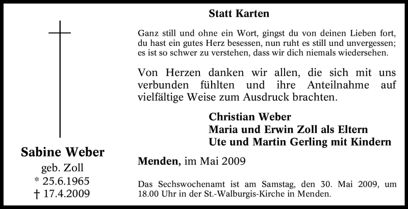  Traueranzeige für Sabine Weber vom 23.06.2009 aus WESTFÄLISCHER ANZEIGER