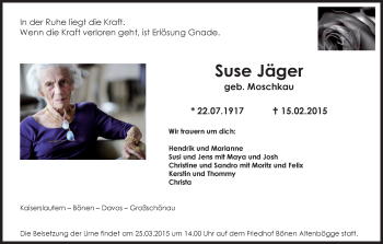 Traueranzeige von Suse Jäger von MZV