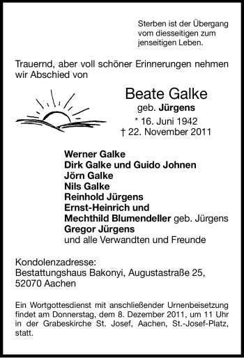 Traueranzeige von Beate Galke von WESTFÄLISCHER ANZEIGER