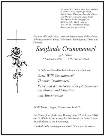 Traueranzeige von Sieglinde Crummenerl von WESTFÄLISCHER ANZEIGER