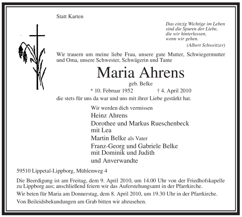  Traueranzeige für Maria Ahrens vom 07.04.2010 aus WESTFÄLISCHER ANZEIGER