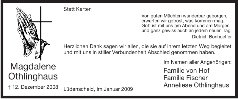  Traueranzeige für Magdalene Othlinghaus vom 31.01.2009 aus WESTFÄLISCHER ANZEIGER