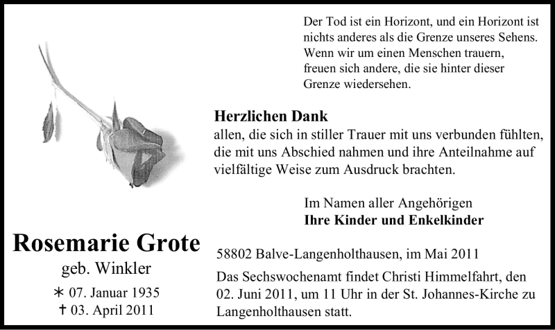  Traueranzeige für Rosemarie Grote vom 14.05.2011 aus WESTFÄLISCHER ANZEIGER