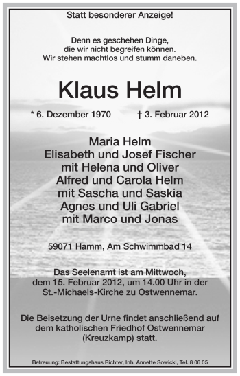 Traueranzeige von Klaus Helm von WESTFÄLISCHER ANZEIGER