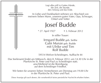 Traueranzeige von Josef Budde von WESTFÄLISCHER ANZEIGER