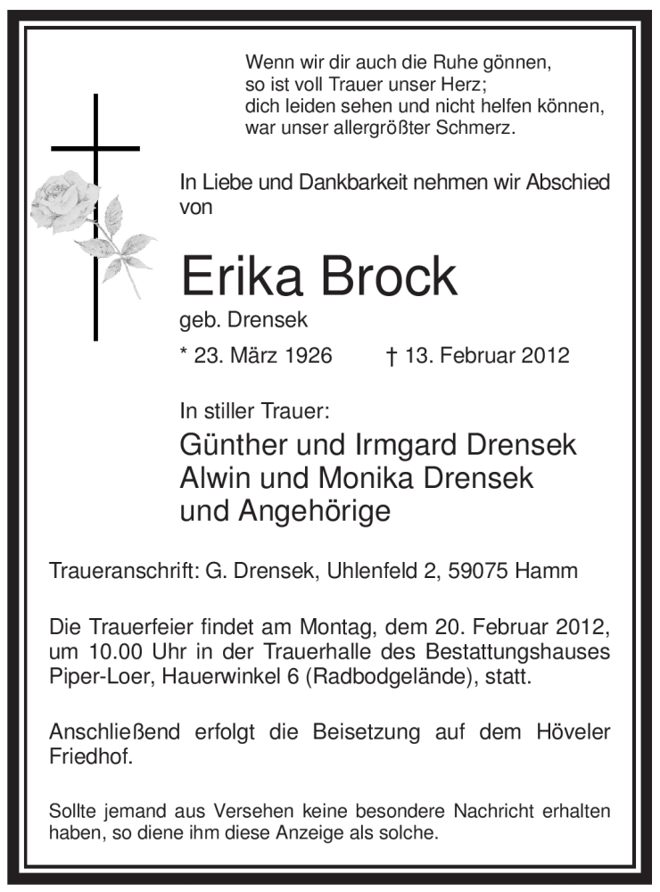  Traueranzeige für Erika Brock vom 16.02.2012 aus WESTFÄLISCHER ANZEIGER