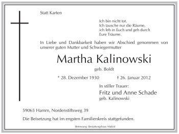 Traueranzeige von Martha Kalinowski von WESTFÄLISCHER ANZEIGER