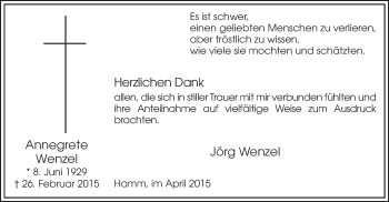 Traueranzeige von Annegrete Wenzel von MZV