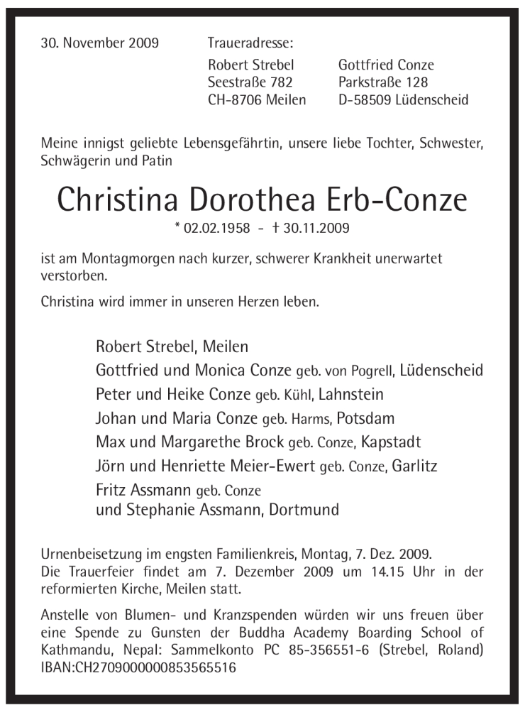  Traueranzeige für Christina Dorothea Erb-Conze vom 03.12.2009 aus WESTFÄLISCHER ANZEIGER