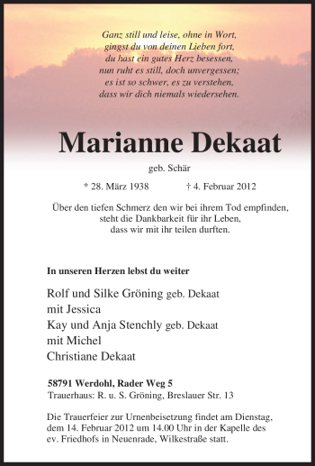 Traueranzeige von Marianne Dekaat von WESTFÄLISCHER ANZEIGER