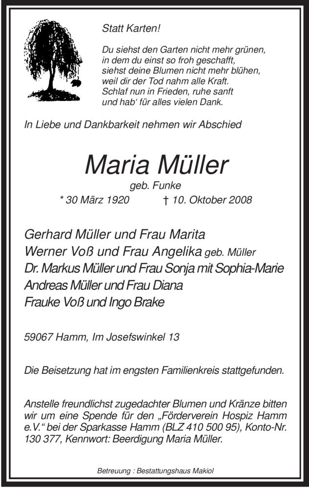  Traueranzeige für Maria Müller vom 16.10.2008 aus WESTFÄLISCHER ANZEIGER