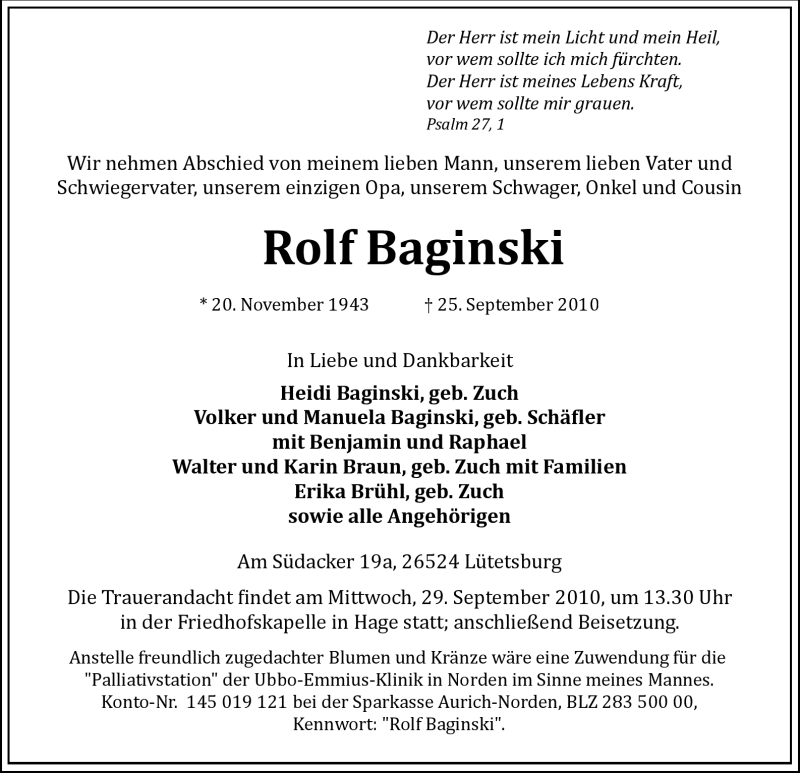 Traueranzeige für Rolf Baginski vom 27.09.2010 aus WESTFÄLISCHER ANZEIGER