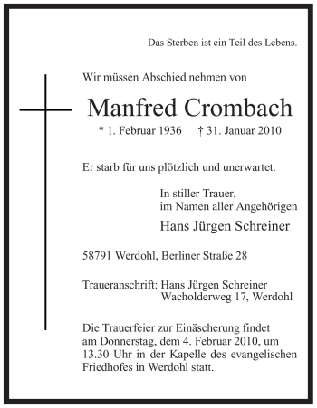 Traueranzeige von Manfred Crombach von WESTFÄLISCHER ANZEIGER
