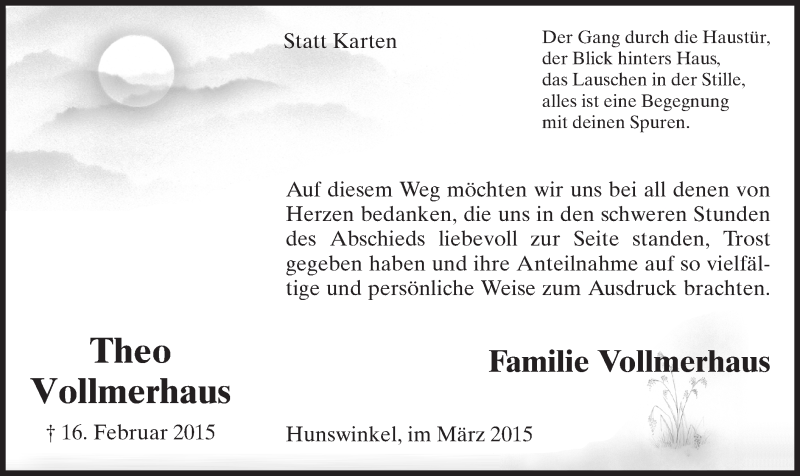  Traueranzeige für Theo Vollmerhaus vom 07.03.2015 aus MZV