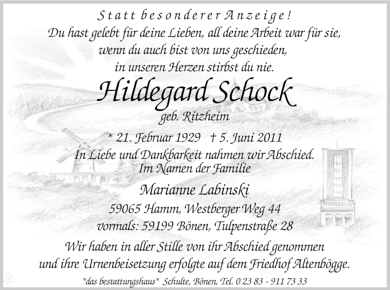  Traueranzeige für Hildegard Schock vom 11.06.2011 aus WESTFÄLISCHER ANZEIGER