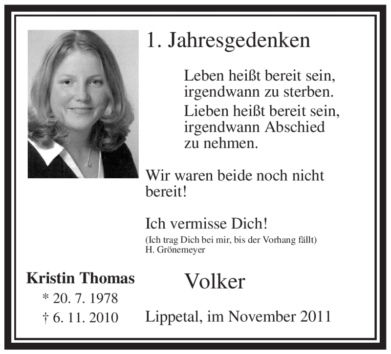  Traueranzeige für Kristin Thomas vom 05.11.2011 aus WESTFÄLISCHER ANZEIGER