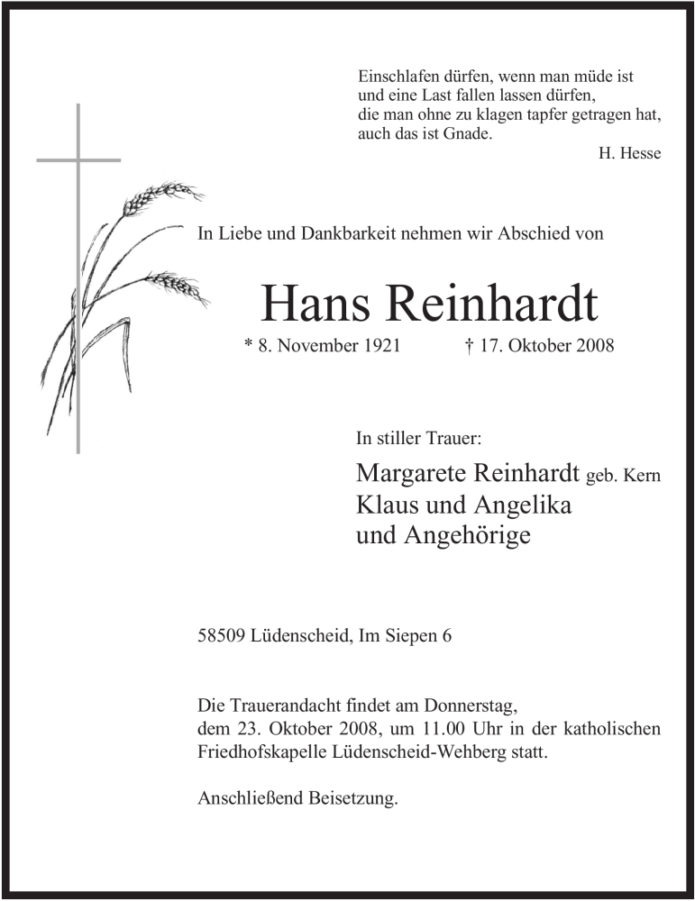  Traueranzeige für Hans Reinhardt vom 21.10.2008 aus WESTFÄLISCHER ANZEIGER